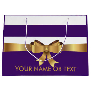 Personalized Gold, Purple Bold Stripes Golden BOW  Large Gift Bag
