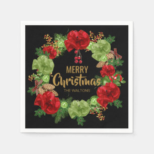 Personalized Gold Red Black Wreath Merry Christmas Napkin