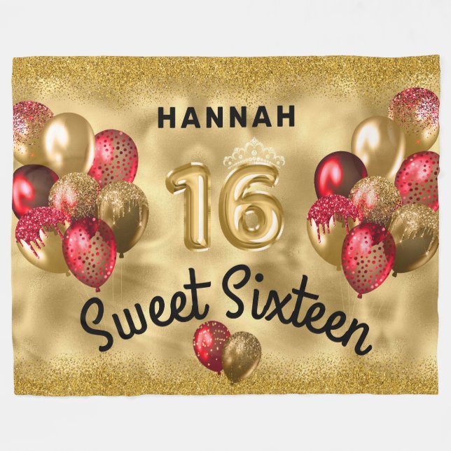 Personalized Gold Red Glitter Balloons Sweet 16 Fleece Blanket (Front (Horizontal))
