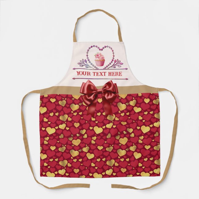 Personalized Gold, Red Hearts Valentine's Day Gift Apron (Front)
