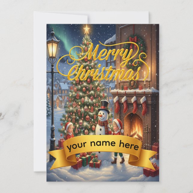 Personalized Gold Ribbon Winter  Christmas Card (Front)
