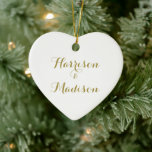 Personalized gold script Couple Name Wedding Ceramic Ornament<br><div class="desc">Personalized Custom script Couple Name Wedding Heart Ceramic Ornament.
Elegant,  classic,  minimalist design.
Faux gold text,  white background</div>