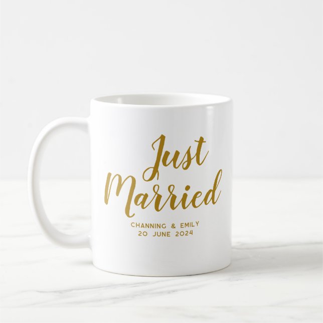 Personalized Gold Script Just Married Coffee Mug (Left)