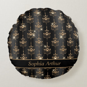 Personalized Gold Sparkle Chandelier Pattern Black Round Pillow