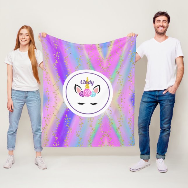 Personalized Gold Speckled Colourful Unicorn Fleece Blanket (In Situ)
