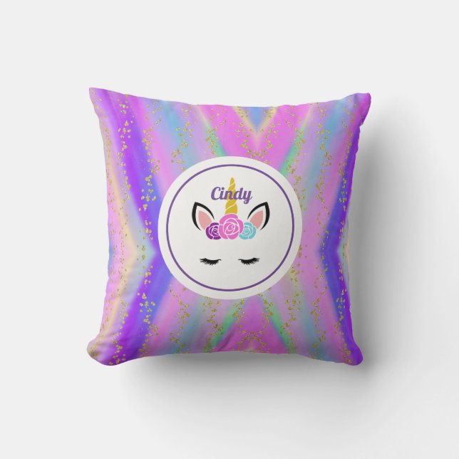 Personalized Gold Speckled Colourful Unicorn Throw Pillow (Front)