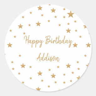 Personalized Gold Star Glitter Happy Birthday Classic Round Sticker