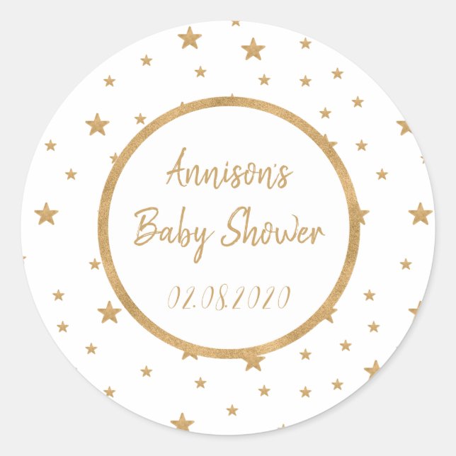 Personalized Gold Star Glitter Sparkle Baby Shower Classic Round Sticker (Front)