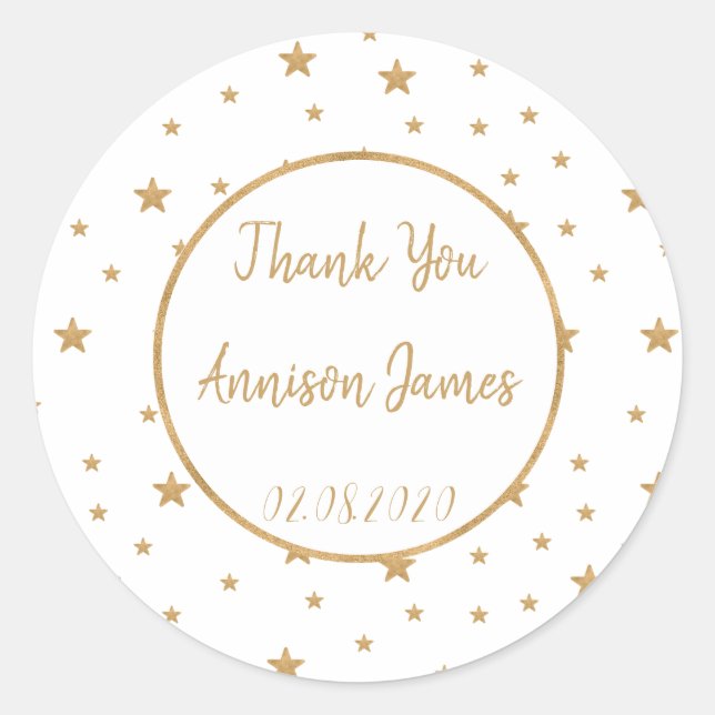 Personalized Gold Star Glitter Sparkle Thank You Classic Round Sticker (Front)
