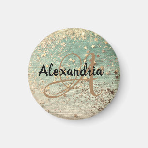 Personalized Gold Stars on Green Glitter Magnet