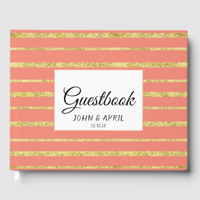Personalized Gold Stripe and Coral Guestbook (Front)