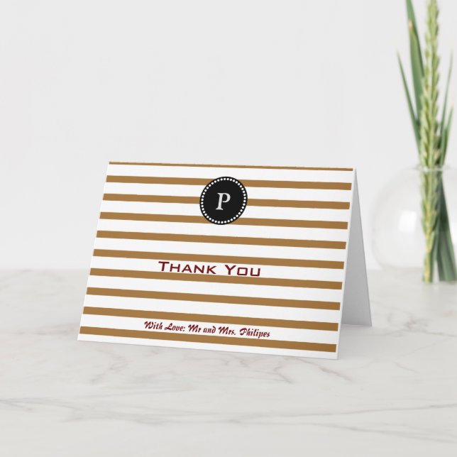 Personalized Gold Striped Monogram Thank You Card (Front)