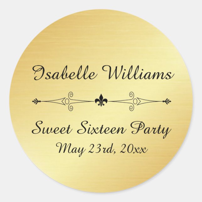Personalized Gold Sweet Sixteen Party Sticker (Front)