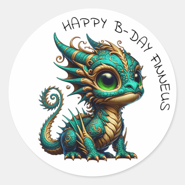 Personalized Gold Teal Dragon Boy's Birthday  Classic Round Sticker (Front)