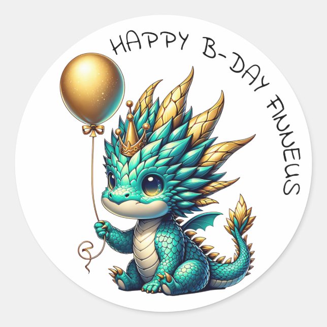 Personalized Gold Teal Dragon Boy's Birthday Party Classic Round Sticker (Front)