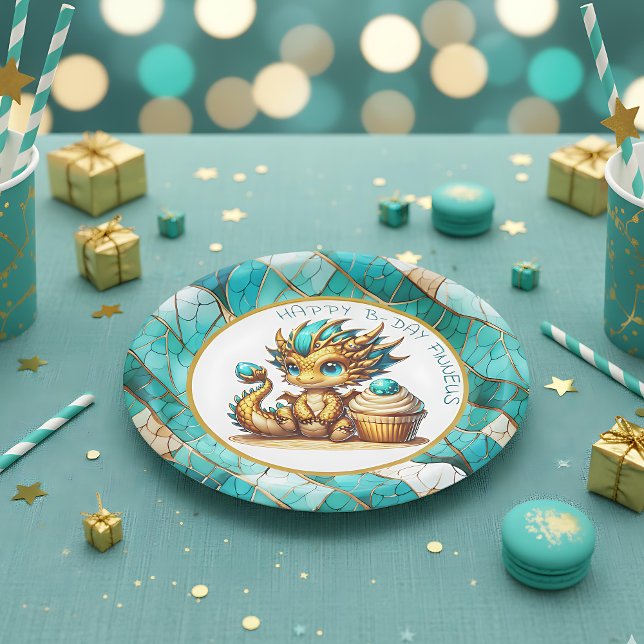 Personalized Gold Teal Dragon Boy's Birthday Party Paper Plate (Creator Uploaded)