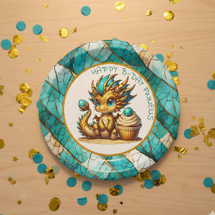 Personalized Gold Teal Dragon Boy's Birthday Party Paper Plate