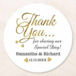 Personalized Gold Thank You Wedding Favour Round Paper Coaster