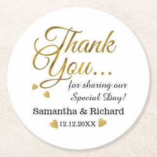 Personalized Gold Thank You Wedding Favour Round Paper Coaster