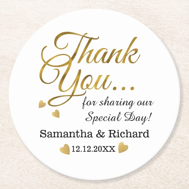 Personalized Gold Thank You Wedding Favour Round Paper Coaster (Front)