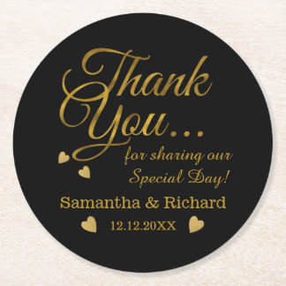 Personalized Gold Thank You Wedding Favour  Round Paper Coaster