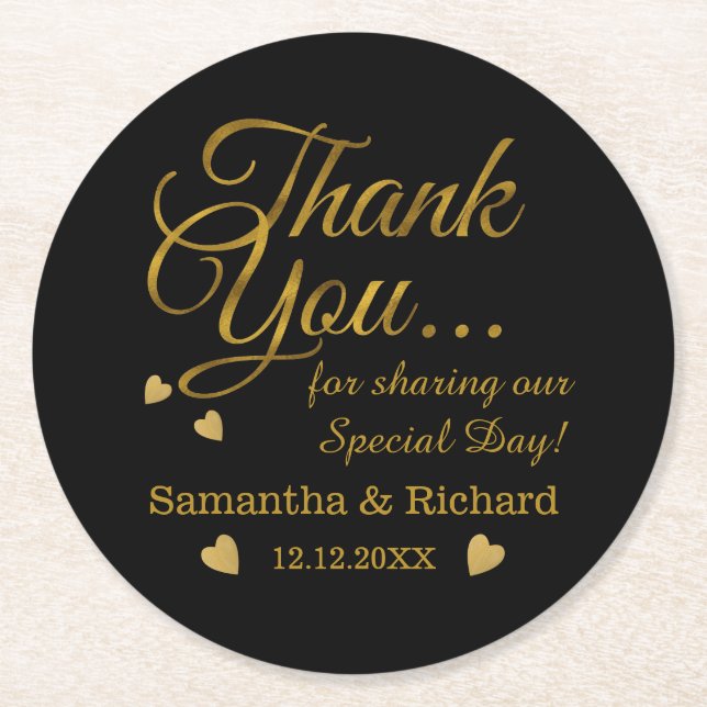 Personalized Gold Thank You Wedding Favour  Round Paper Coaster (Front)