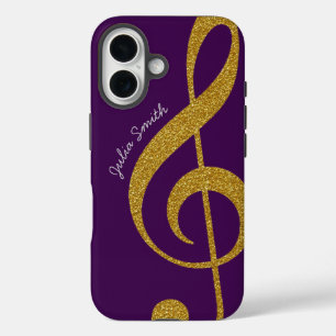 personalized gold treble clef music purple iPhone 16 case