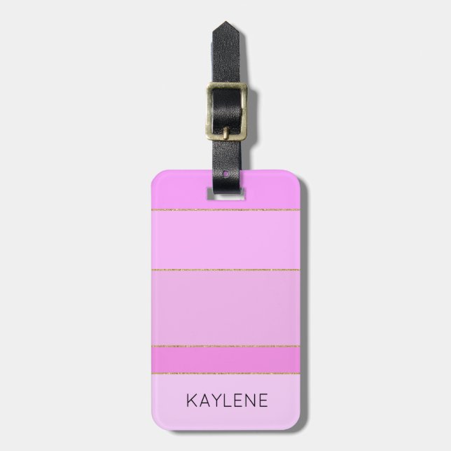 Personalized Gold Trim Pink Stripes Luggage Tag (Front Vertical)