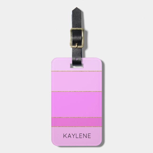 Personalized Gold Trim Pink Stripes Luggage Tag (Front Vertical)