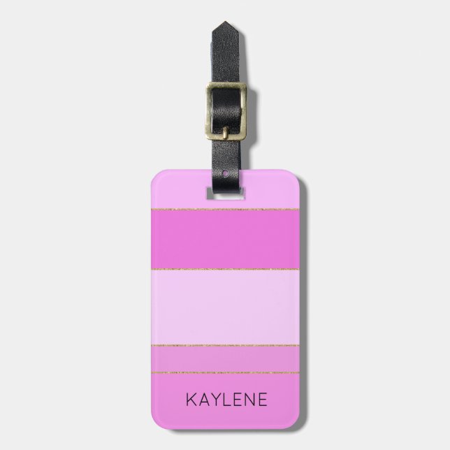 Personalized Gold Trim Pink Stripes Luggage Tag (Front Vertical)