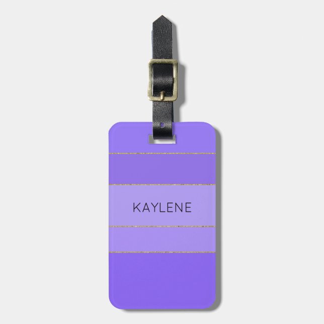 Personalized Gold Trim Violet Stripes Luggage Tag (Front Vertical)