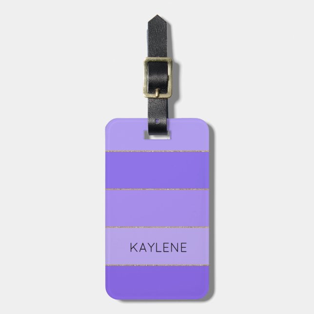 Personalized Gold Trim Violet Stripes Luggage Tag (Front Vertical)