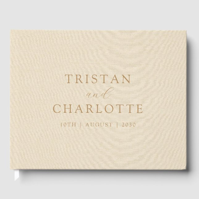 Personalized Gold Typography Cream Faux Linen Guest Book (Front)