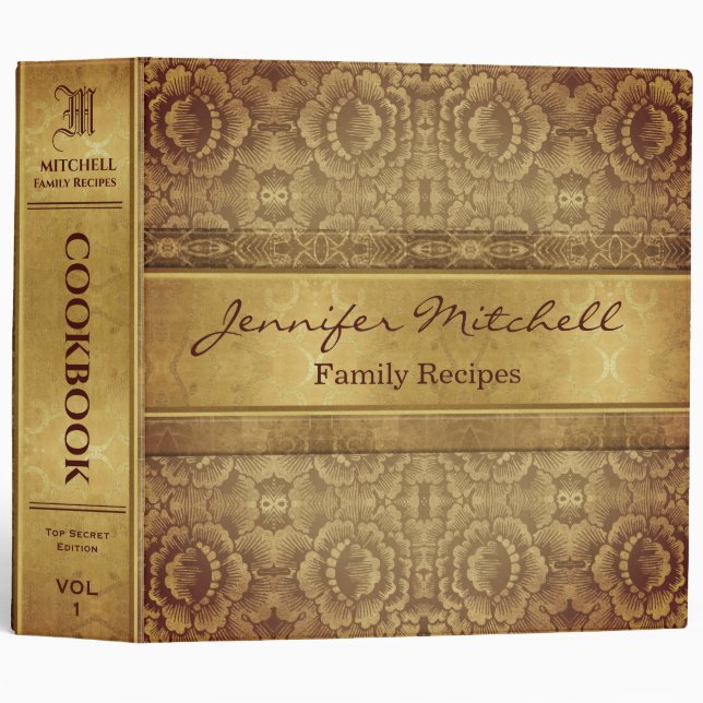 Personalized Gold Vintage Family Recipe Cookbook Binder (Front/Spine)
