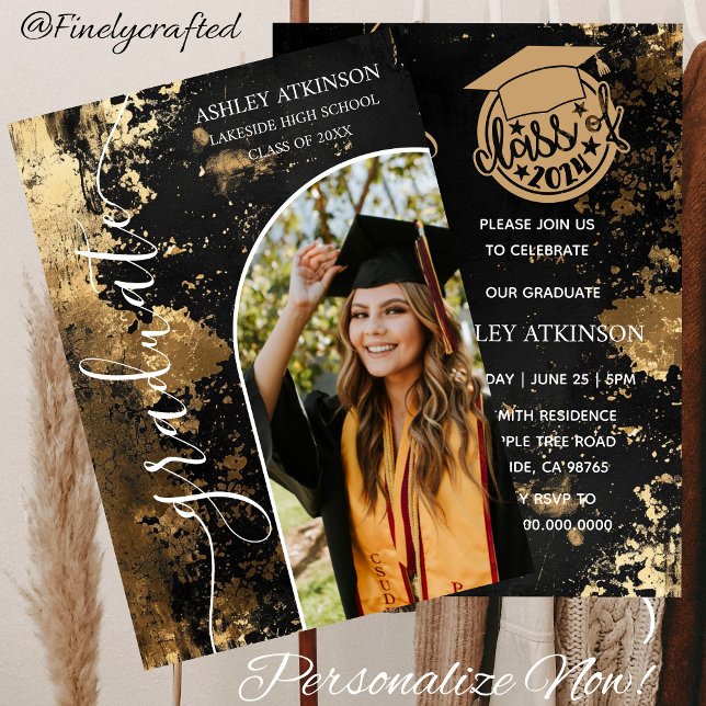 Personalized Gold Vintage Glitter Photo Graduation Invitation (Creator Uploaded)
