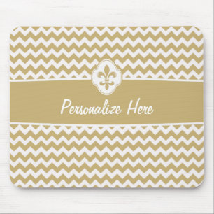 Personalized Gold White Chevron Fleur de Lis Mouse Pad