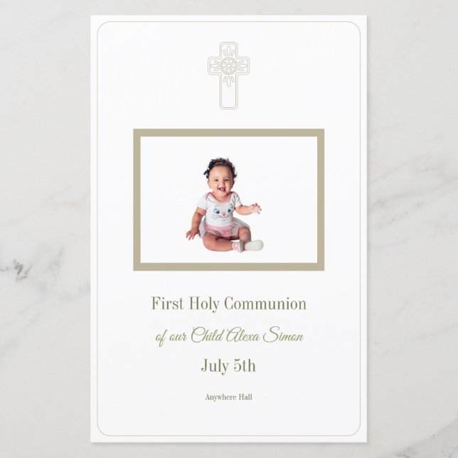 Personalized Gold White First Holy Communion menu (Front)