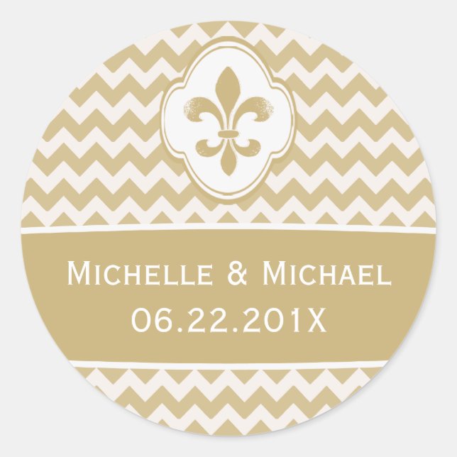 Personalized Gold White Fleur de Lis Chevron Classic Round Sticker (Front)