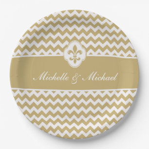 Personalized Gold White Fleur de Lis Chevron Paper Plate