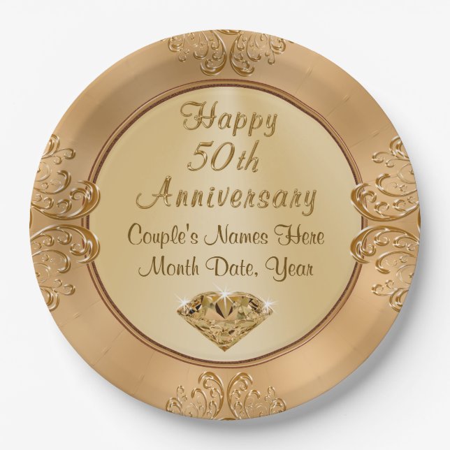 Personalized Golden 50th Anniversary Paper Plates (Front)