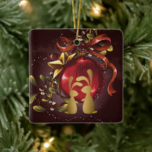 Personalized Golden Bunnies in Love Christmas Ceramic Ornament