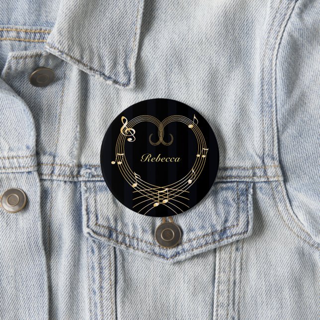 Personalized Golden Heart Musical Notes 3 Inch Round Button (In Situ)