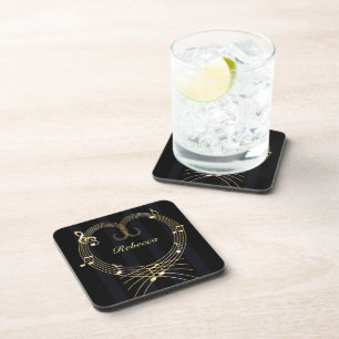 Personalized Golden Heart Musical Notes Coaster