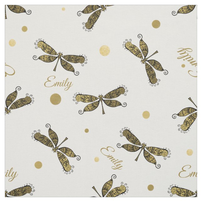 Personalized Golden Name Dots and Dragonfly Fabric (Swatch)
