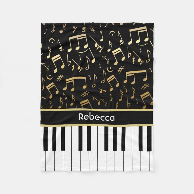 Personalized golden notes and piano keys fleece blanket (Front)