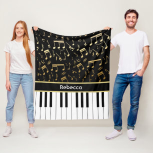 Personalized golden notes and piano keys fleece blanket