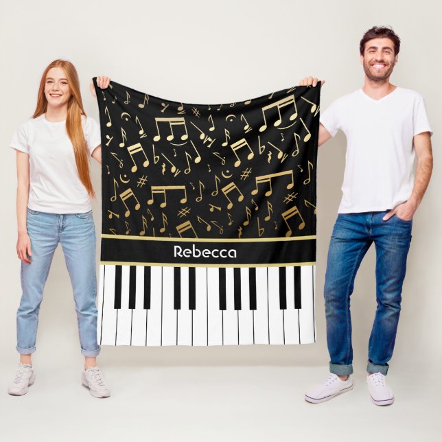Personalized golden notes and piano keys fleece blanket (In Situ)