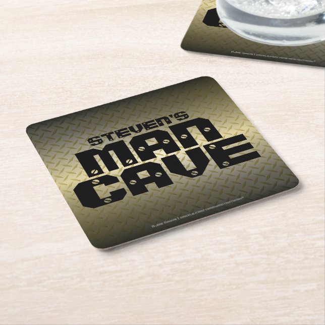 Personalized Golden Ombre Diamond Plate Man Cave Square Paper Coaster (Angled)