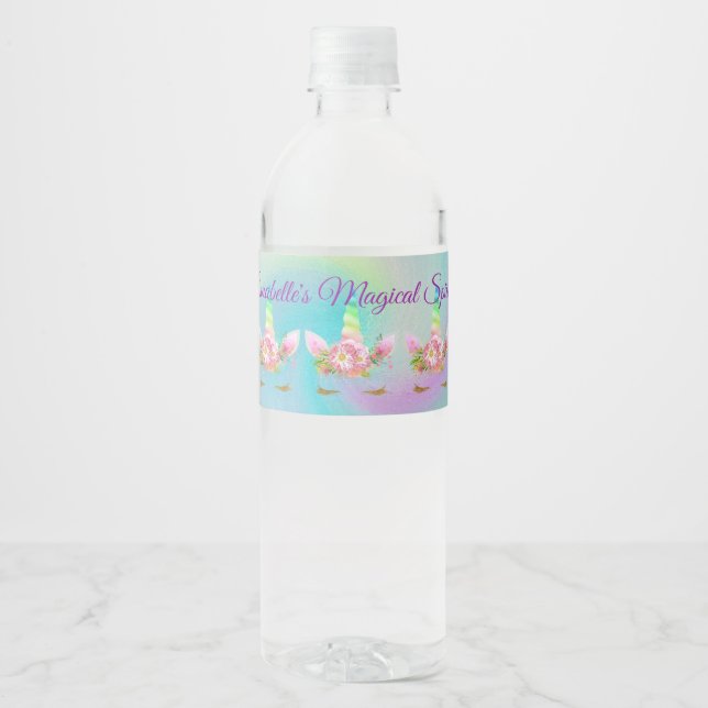 Personalized Golden Rainbow Unicorn Water Bottle Label (Front)