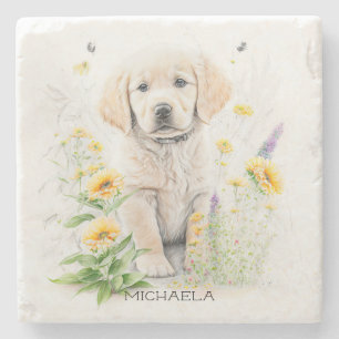 Personalized Golden Retriever Pup in Flowers Stone Coaster